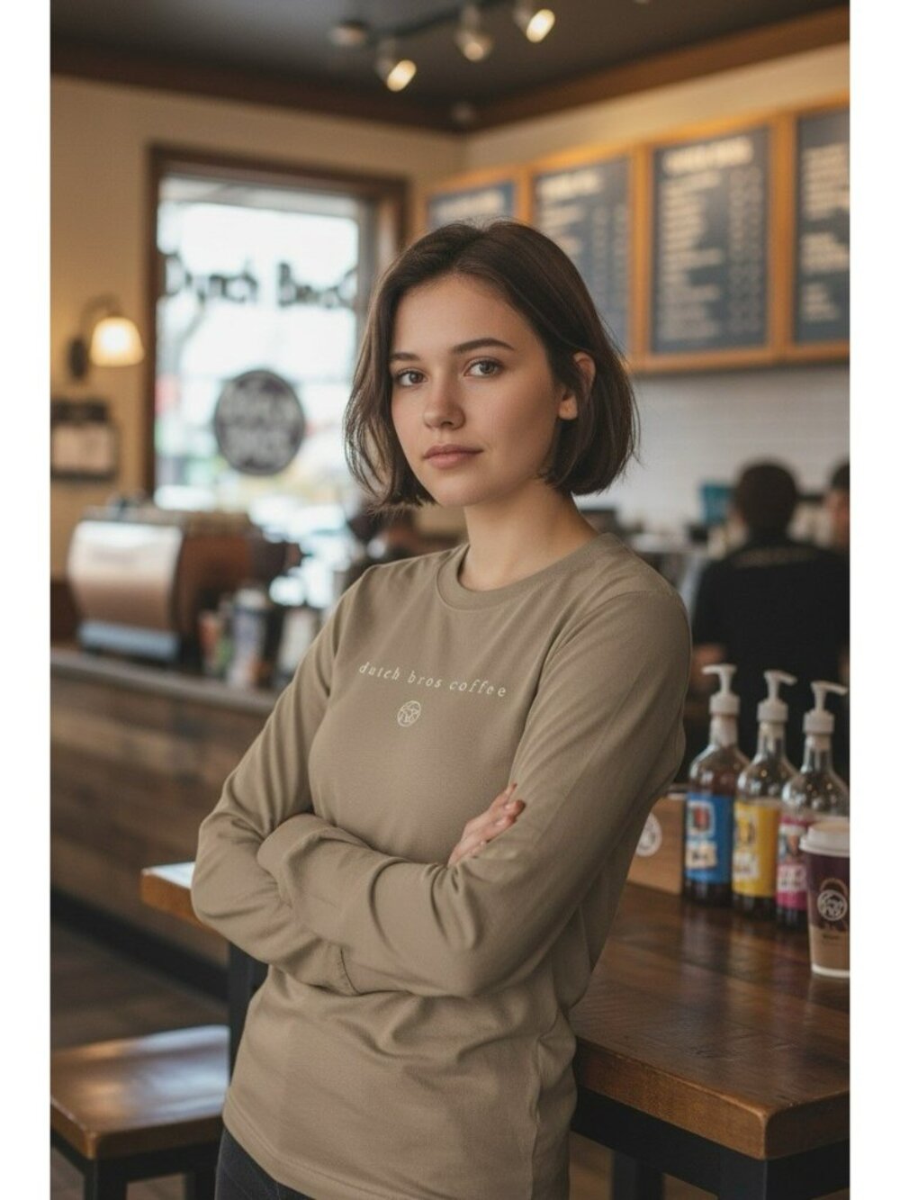 Dutch Bros Coffee Beige Tan Long Sleeve Crew Neck Classic T-Shirt Size Small